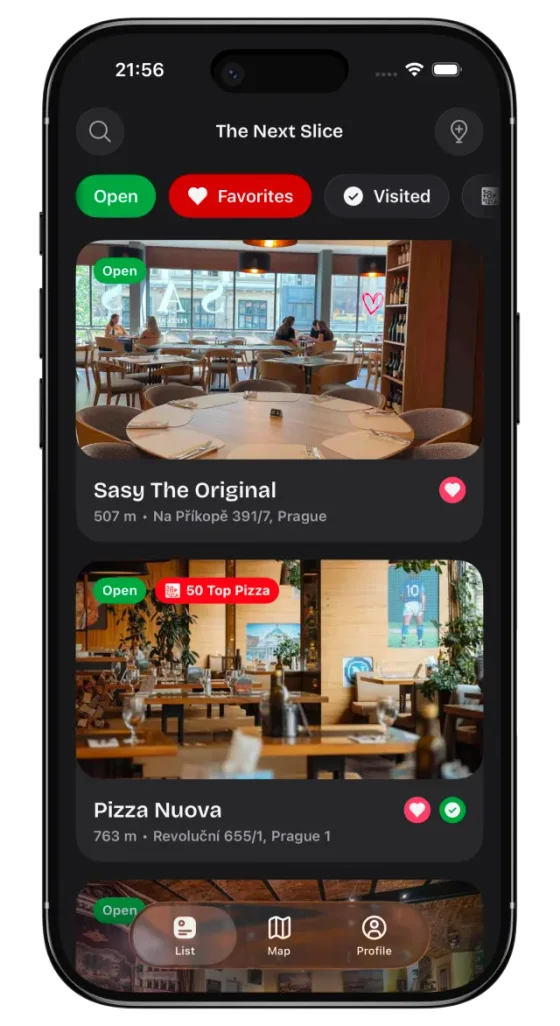 The Next Slice app showing map with authentic pizzerias